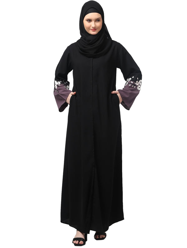embrodery and conytrast 2 side pocket sleeves front open abaya