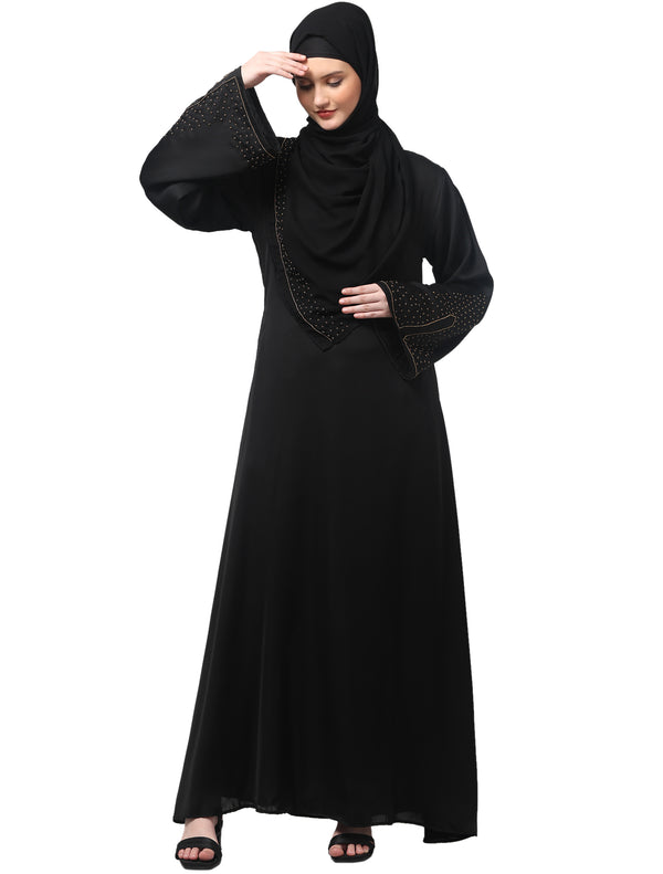 sleeves and hijab golden hand embroidred a line abaya