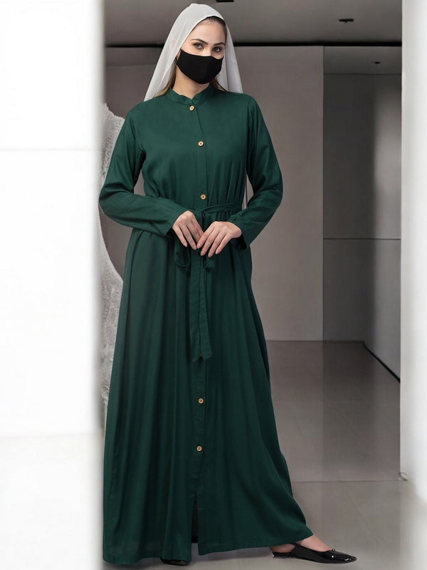 Green front open abaya in rayon with pockets