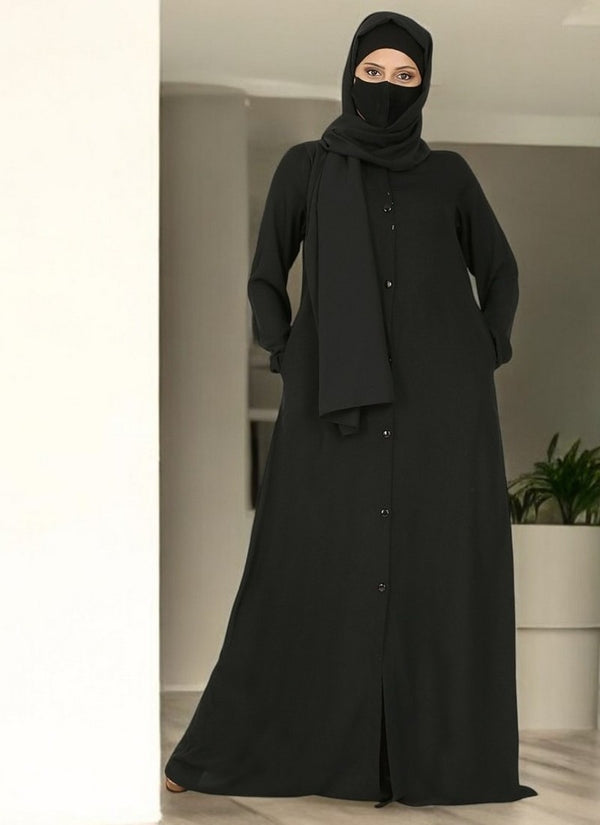 Black front open abaya in firdaus with pockets
