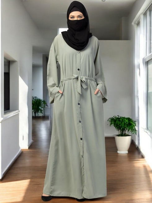 Sea-green front open abaya with kimono sleeves & belt