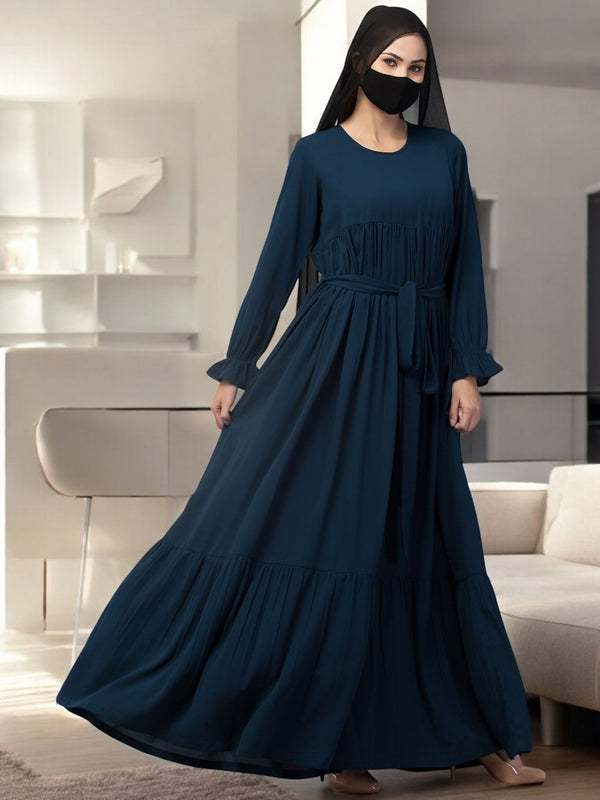 Teal multi layered abaya dress with belt & elasticated bell sleeves