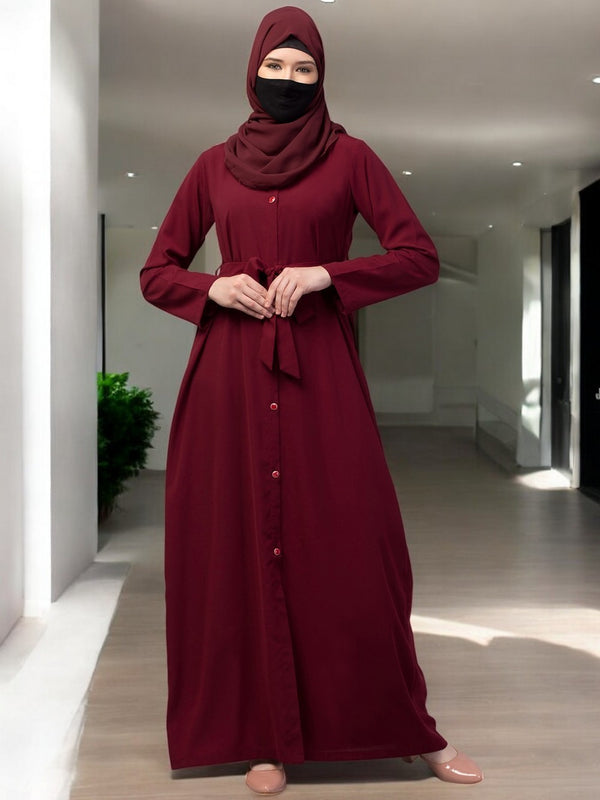 Maroon front open abaya with matching belt