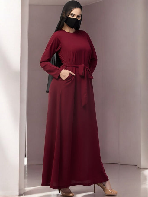maroon a line abaya with pockets in firdaus