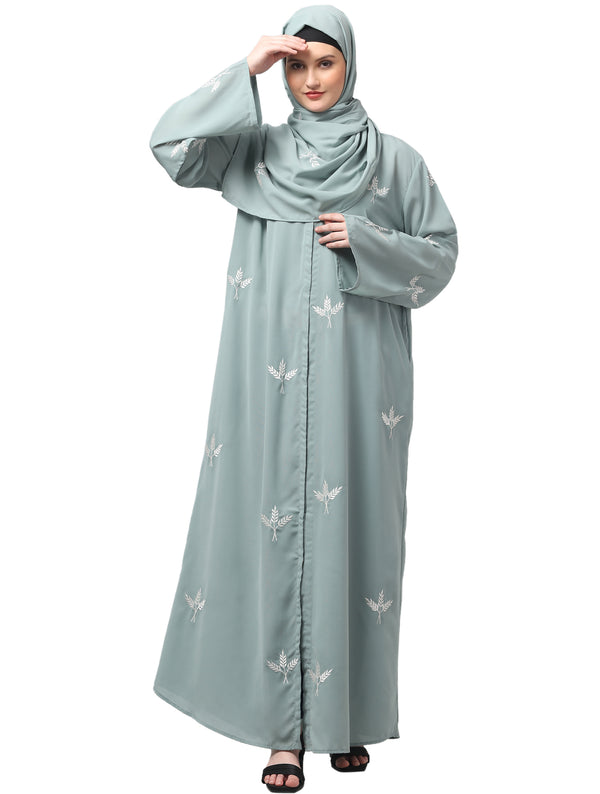 all over and hijab 3 leaf embroidery front open abaya