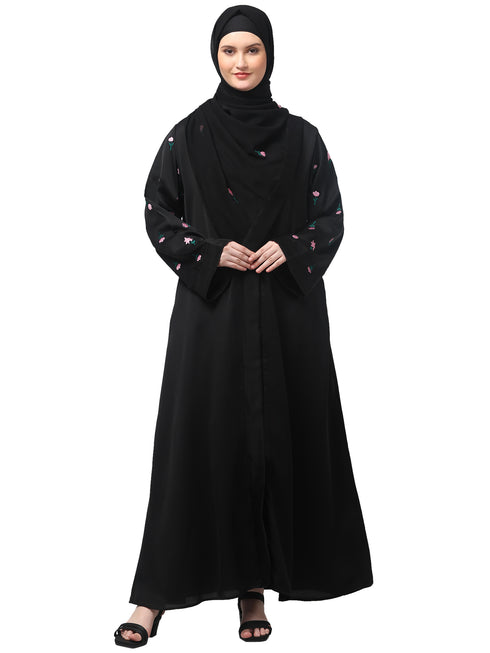 sleeves and hijab thread embrodery front open abaya