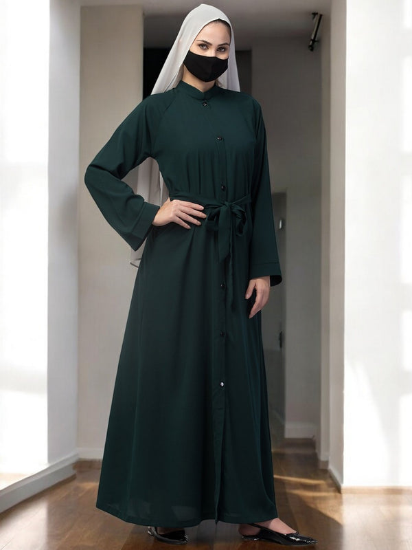 Green front open abaya in firdaus with pockets