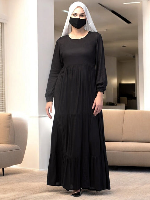 Black multi layered- maxi dress with elasticated sleeves