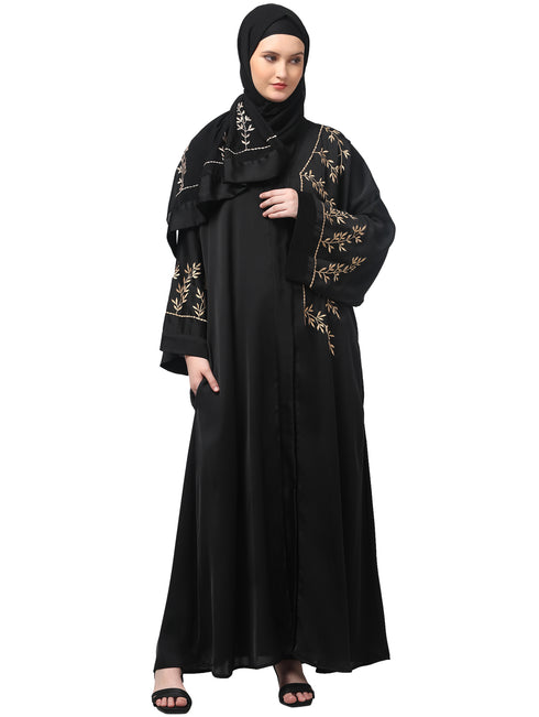 one side front sleeves and hijab embroidered front open abaya