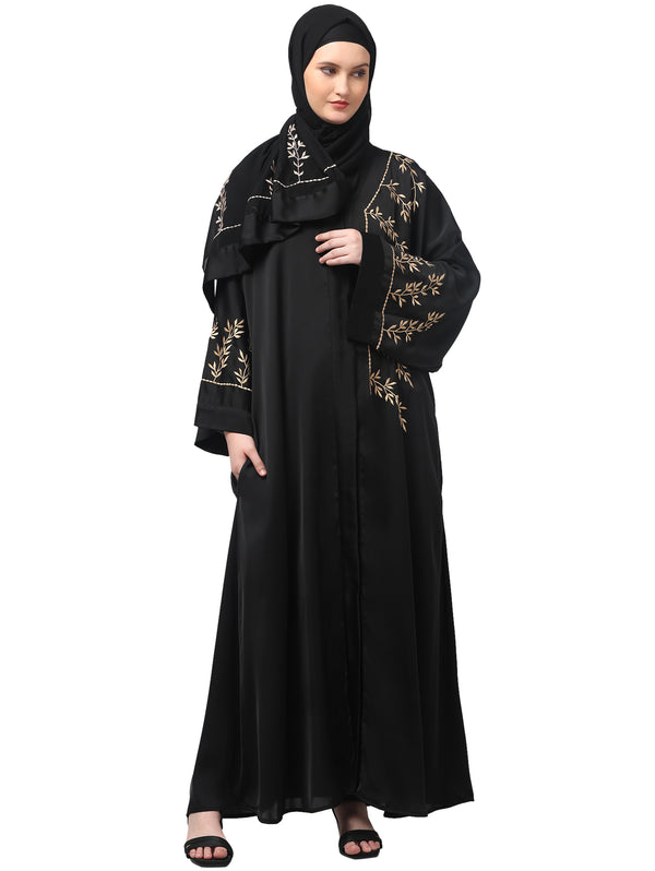 one side front sleeves and hijab embroidered front open abaya