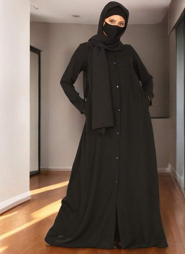Black front open abaya in firdaus