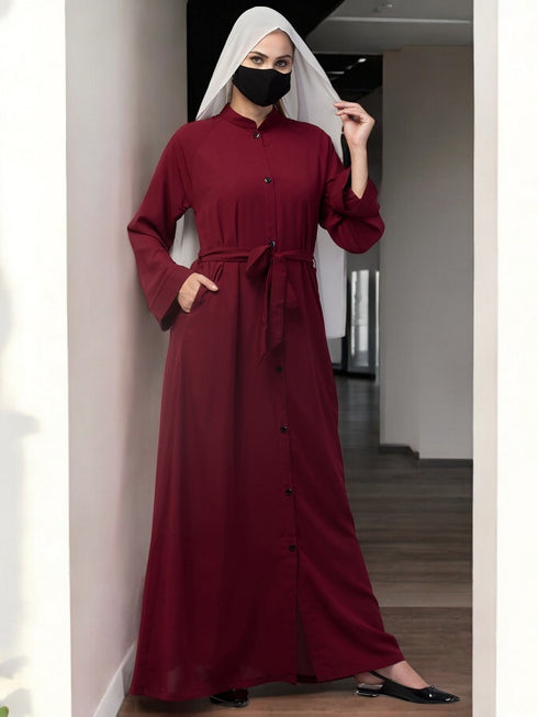 Maroon front open abaya in firdaus with pockets