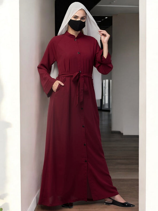 Maroon front open abaya in firdaus with pockets