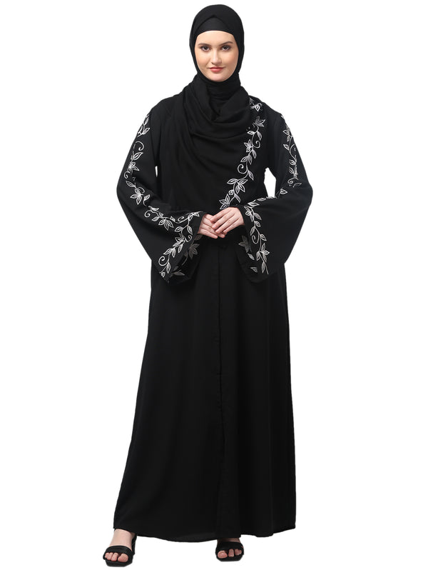 sleeve and hijab leaf embroidered front open abaya