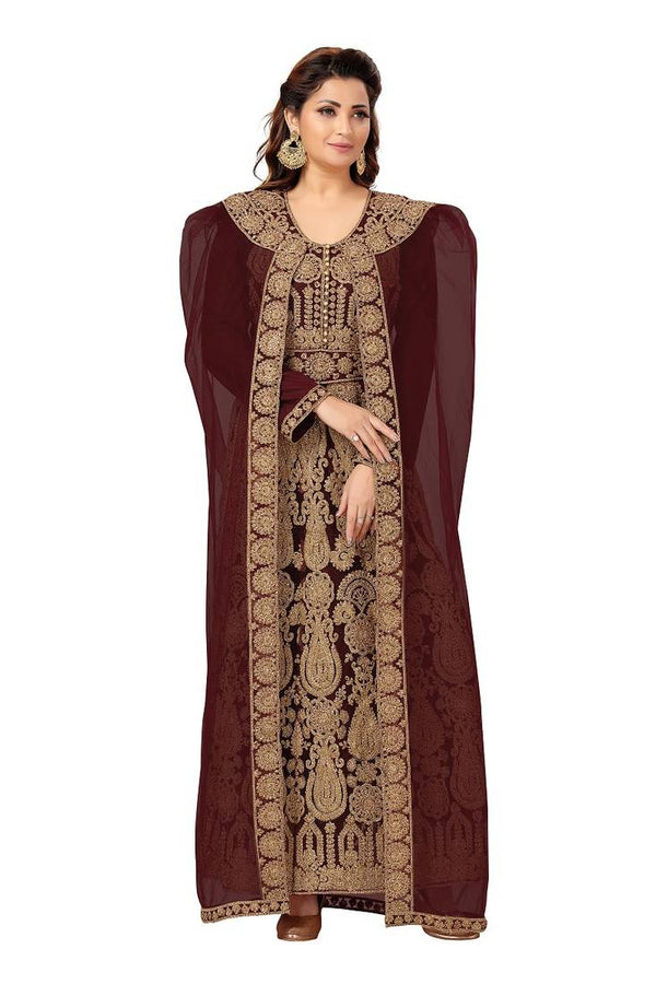 Brown Aari & Stone Work Stitched Georgette Kaftan Wedding Dress