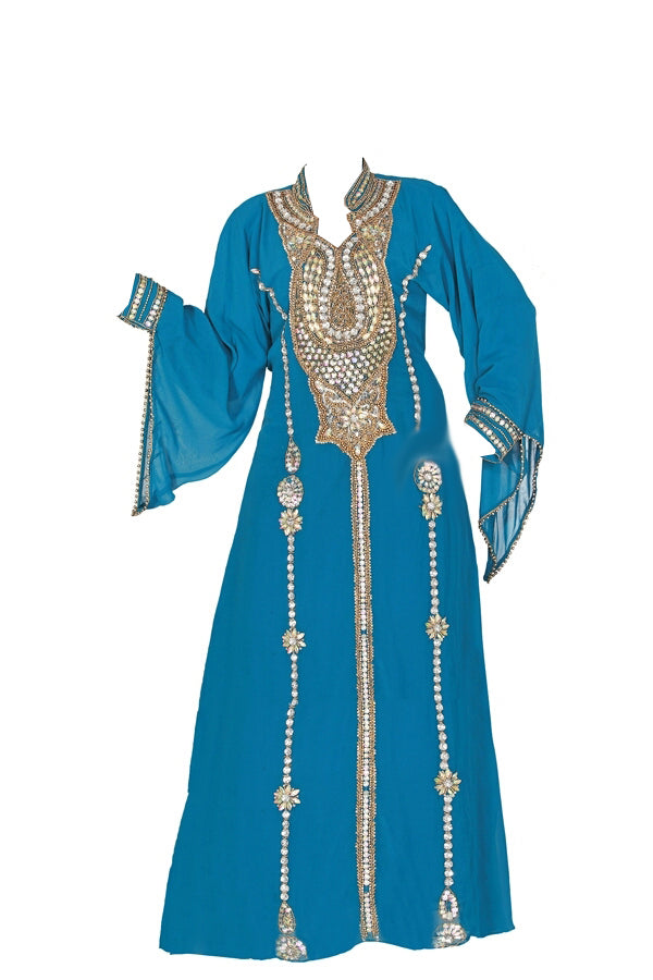 Turquoise georgette zari stone work islamic style kaftan