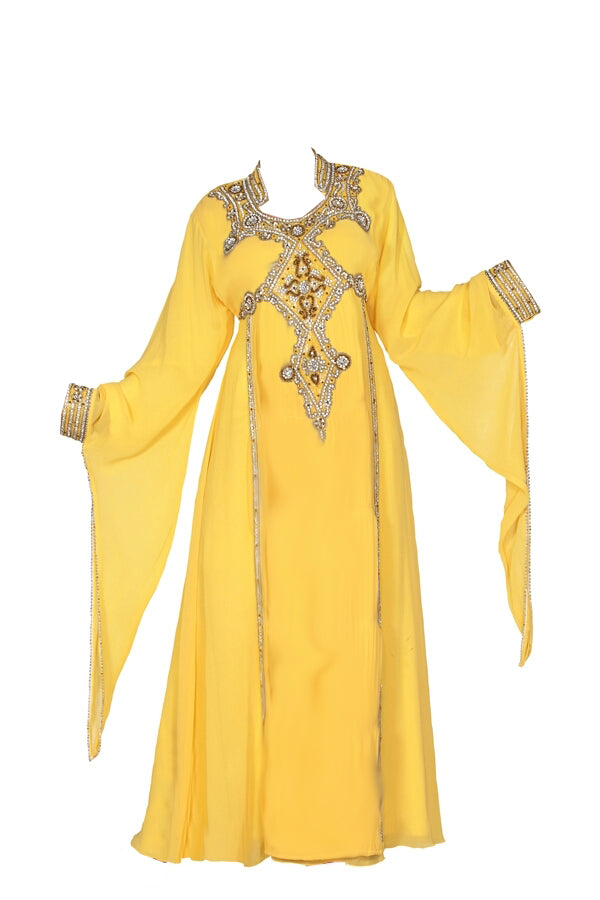 Yellow georgette zari stone work islamic style farasha