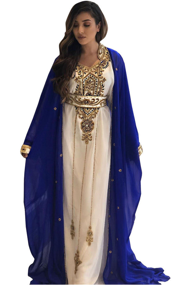 Sale !! Women's Royal blue Muslim Golden Beaded Abaya inner Jacket Jalabia Dubai Kaftan Dresses