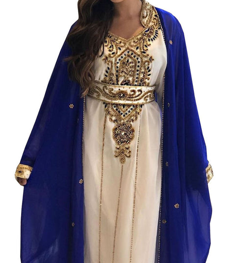 Sale !! Women's Royal blue Muslim Golden Beaded Abaya inner Jacket Jalabia Dubai Kaftan Dresses