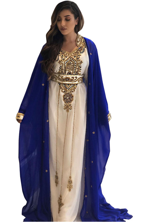 Sale !! Women's Royal blue Muslim Golden Beaded Abaya inner Jacket Jalabia Dubai Kaftan Dresses