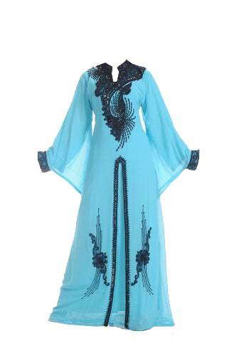 Sea green georgette islamic kaftan with zari and stone work