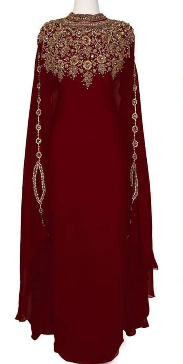 Luxurious Maroon Kaftan Gown with Gold Zari Embroidery | Wedding & Formal Event Wear