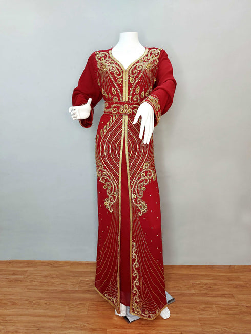 Maroon luxurious Moroccan Kaftan With Sun-proof hijab.