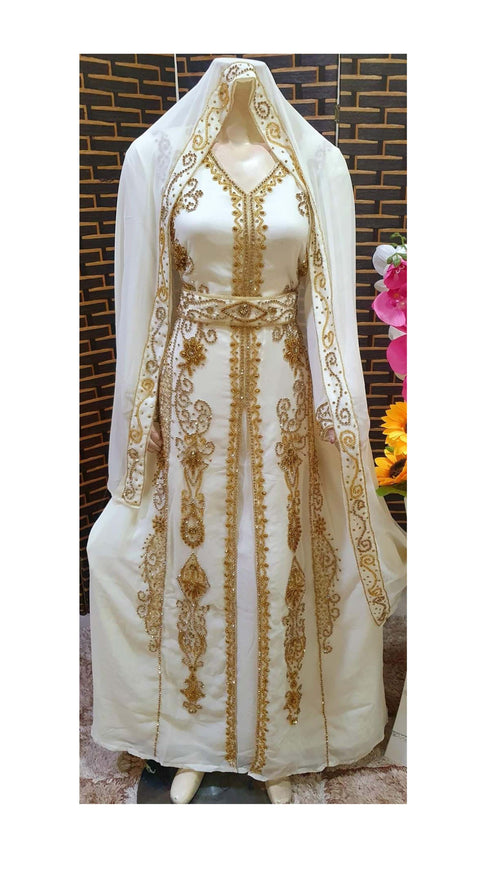 Majestic White Moroccan Kaftan Gown with Gold Zari Embroidery | Luxury Bridal Dress