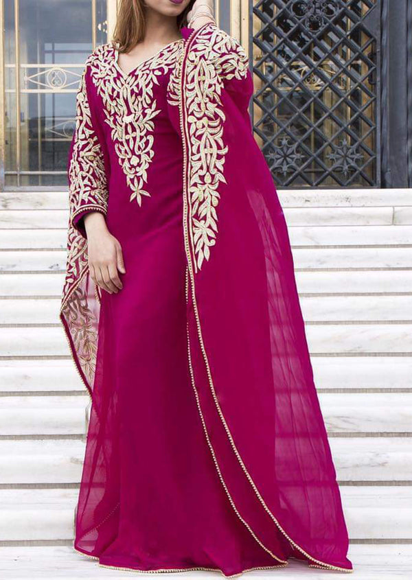Grand Magenta Kaftan Gown with Handcrafted Gold Aari Work | Luxury Event Wear