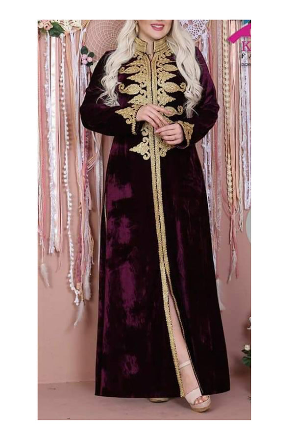 Maroon Velvet Moroccan Dubai Kaftans Farasha Abaya Very Fancy Long Gown Aari Wedding Dress