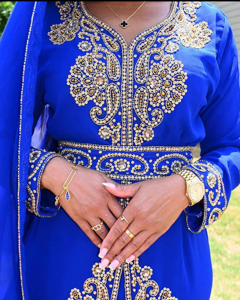 Luxurious Royal Blue Kaftan Gown with Gold Zari Work | Wedding & Formal Event Dress