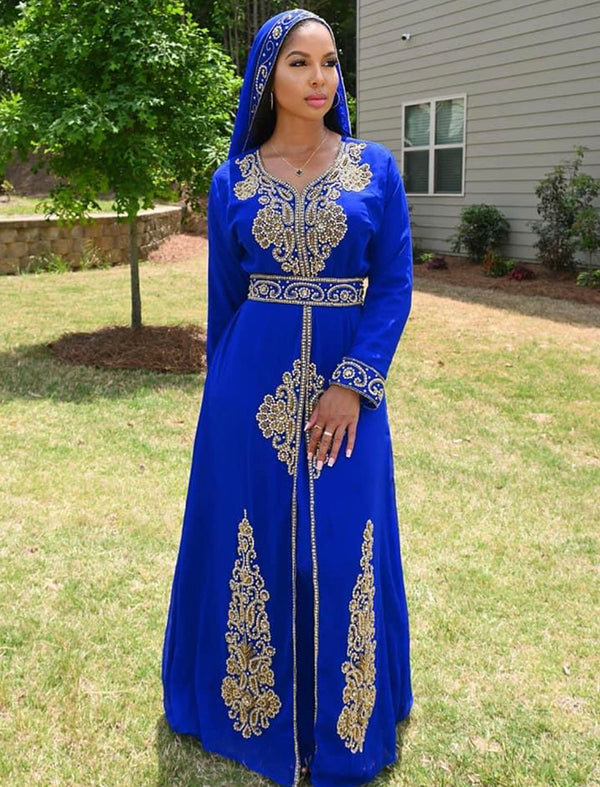 Luxurious Royal Blue Kaftan Gown with Gold Zari Work | Wedding & Formal Event Dress