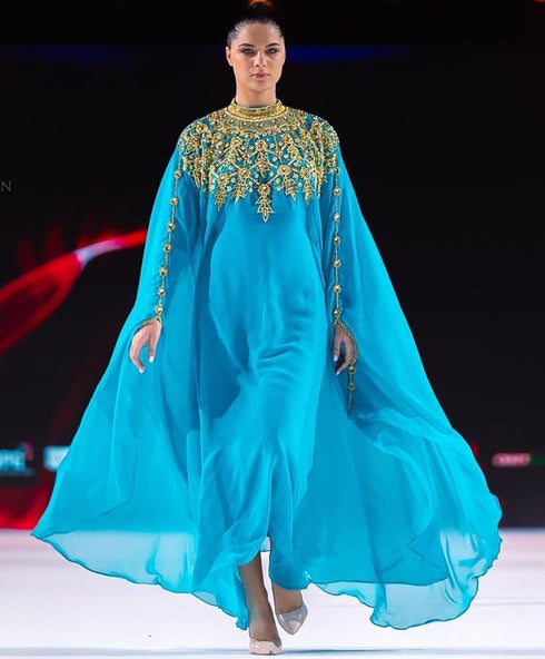 Majestic Aqua Blue Kaftan Gown with Gold Zari Work | Luxury Wedding & Gala Wear