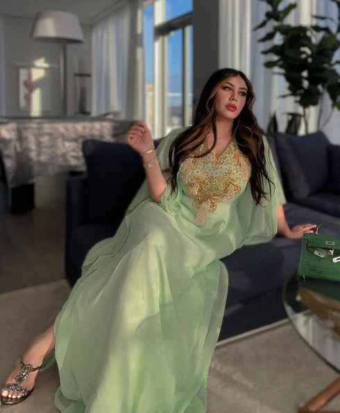 Elegant Sea Green Kaftan Gown with Gold Stone and Thread Work | Luxurious Modest Wear