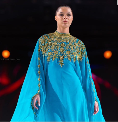 Majestic Aqua Blue Kaftan Gown with Gold Zari Work | Luxury Wedding & Gala Wear