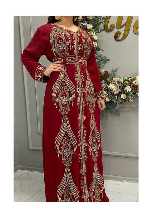 Grand Bridal Red Moroccan Kaftan Gown with Gold Zari Work & Hijab | Luxury Event Dress