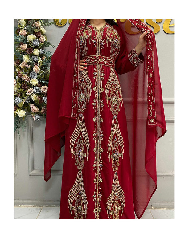 Grand Bridal Red Moroccan Kaftan Gown with Gold Zari Work & Hijab | Luxury Event Dress