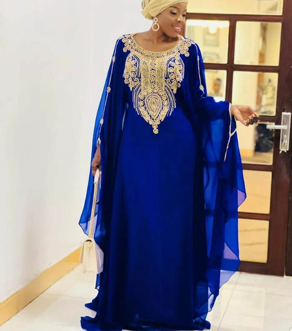 Blue Georgette Zari Embroidered Boat Neck Wedding Kaftan