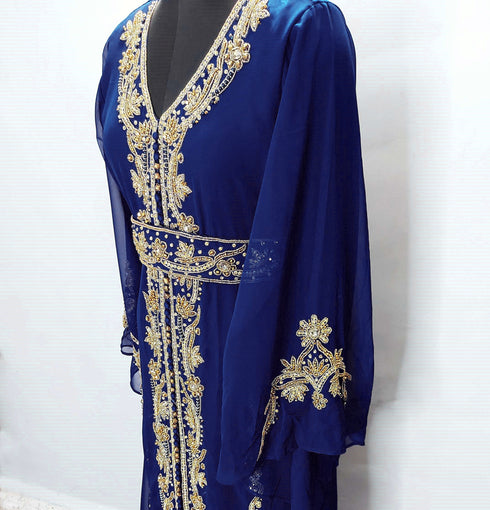 Navy Blue Copper beads luxurious Moroccan Kaftan With Sun-proof hijab.