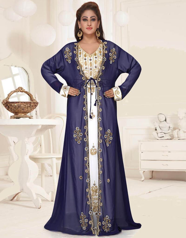 Navy Blue-White HandCrafted Zari & Stone work stitched Georgette Kaftan Wedding dress