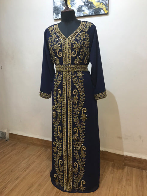 Navy-Blue color luxurious Full Sleeves Handmade Moroccan Kaftan .