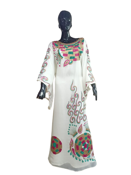 WHITE ZARI WORK STONES & BEADS EMBELLISH GEORGETTE ISLAMIC STYLE ARABIAN MAXI PARTYWEAR KAFTAN