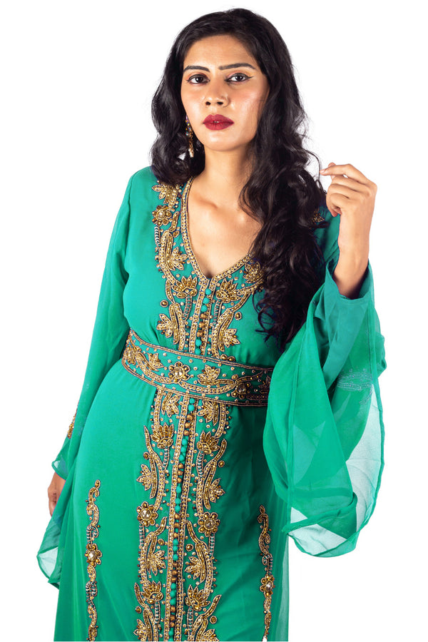 Opulent Emerald Green Kaftan Gown with Gold Zari & Crystal Work | Luxury Event Dress