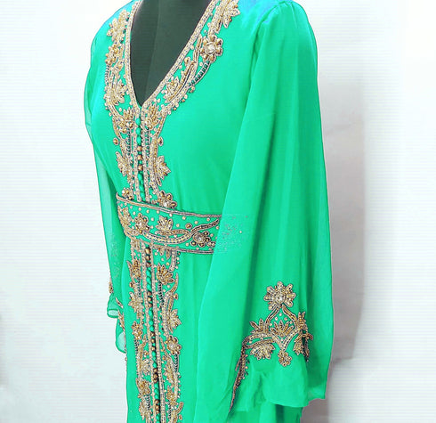 Opulent Emerald Green Kaftan Gown with Gold Zari & Crystal Work | Luxury Event Dress