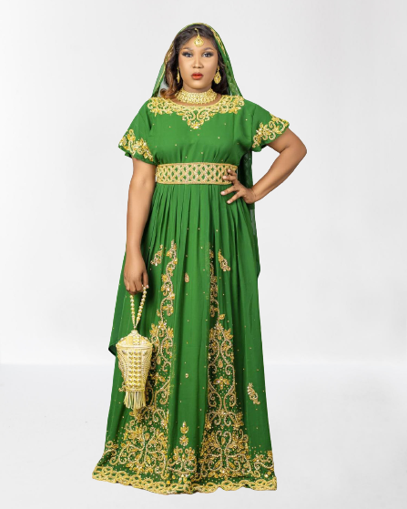 Parrot Green Zari Stone Work Georgette Islamic Style Beads Embedded Partywear Kaftan Long Gown Evening wear Dubai kaftan