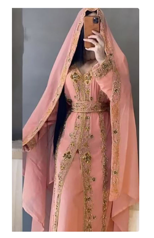 Peach Georgette Zari Work Wedding Kaftan - Stitched