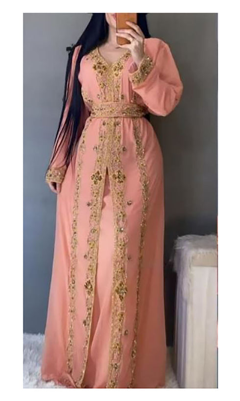 Peach Georgette Zari Work Wedding Kaftan - Stitched
