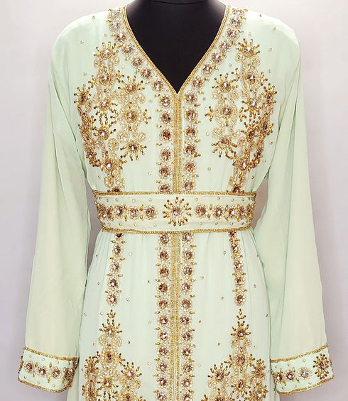 Light Green luxurious Moroccan Kaftan With Sun-proof hijab.