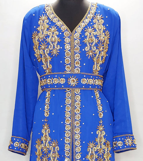 Royal Blue luxurious Moroccan Kaftan With Sun-proof hijab.