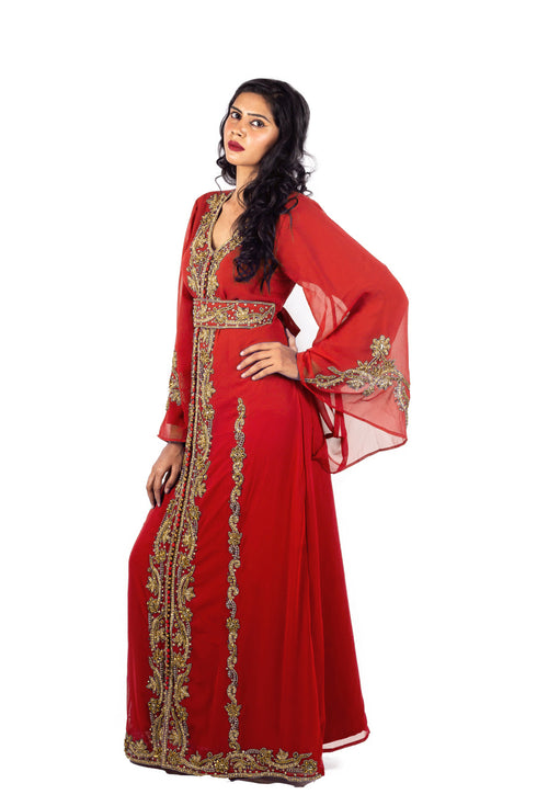 Red Copper beads luxurious Moroccan Kaftan With Sun-proof hijab.